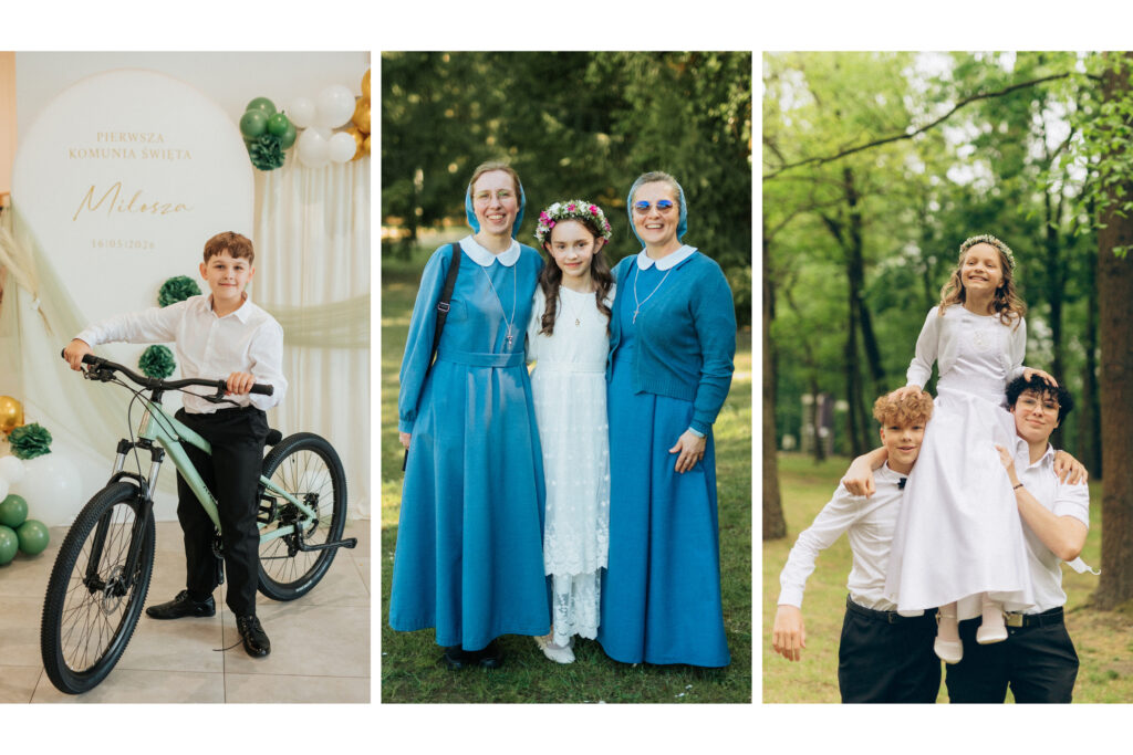 Fotografia komunijna Babie Lato — kolaż zdjęć z przyjęcia i sesji rodzinnej